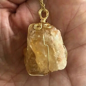 Amber Yellow Quartz Large Rough Raw Stone Handmade Gold Necklace NWT
